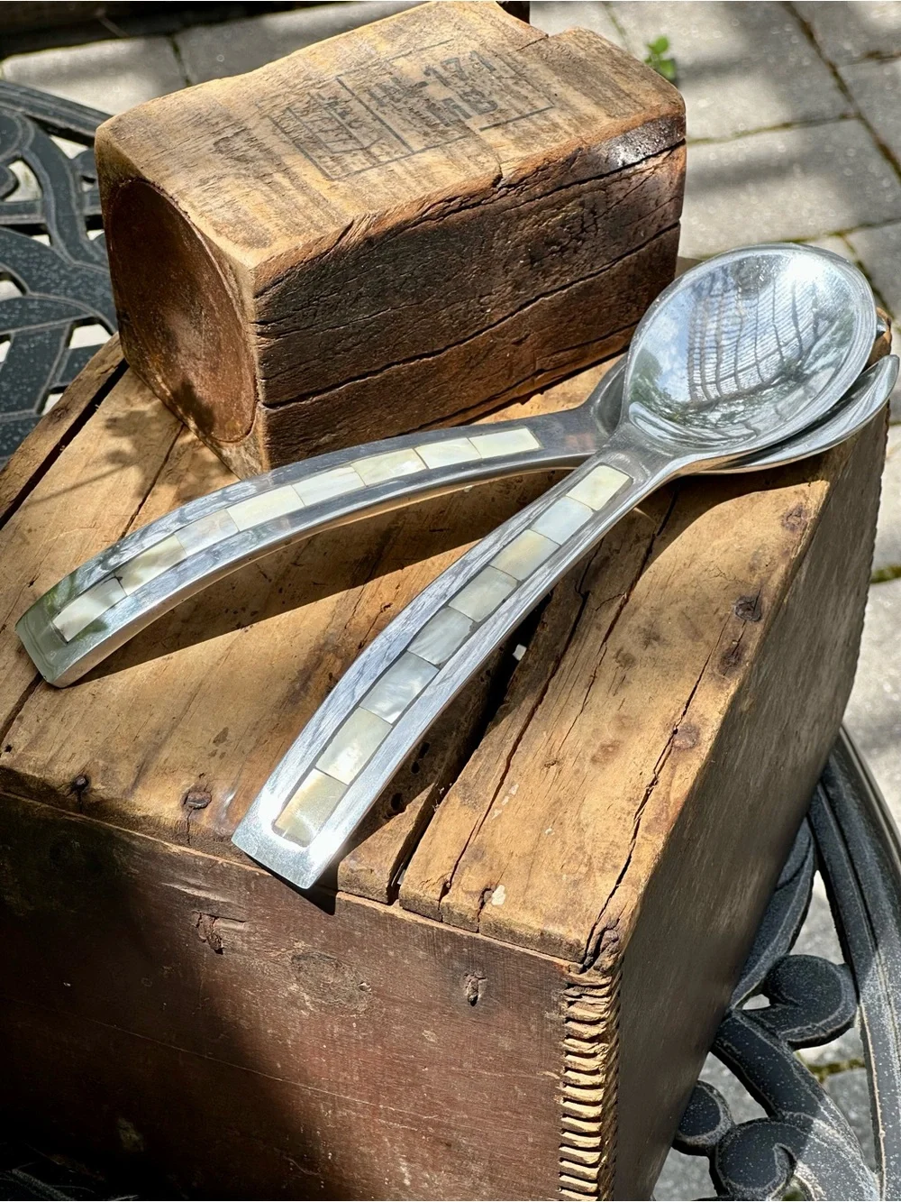 Mother of Pearl Inlay Salad Serving Set Aluminum Vintage 2 Pc